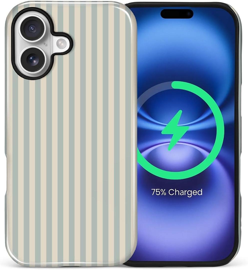CARLOCA Magnetic Case for iPhone 17,Vertical Stripes Simple Blue Green Design Compatible With MagSafe Hybrid Dual Protection Soft TPU Hard PC Shockproof Anti-Scratch Cover Men Women Stylish Phone Case