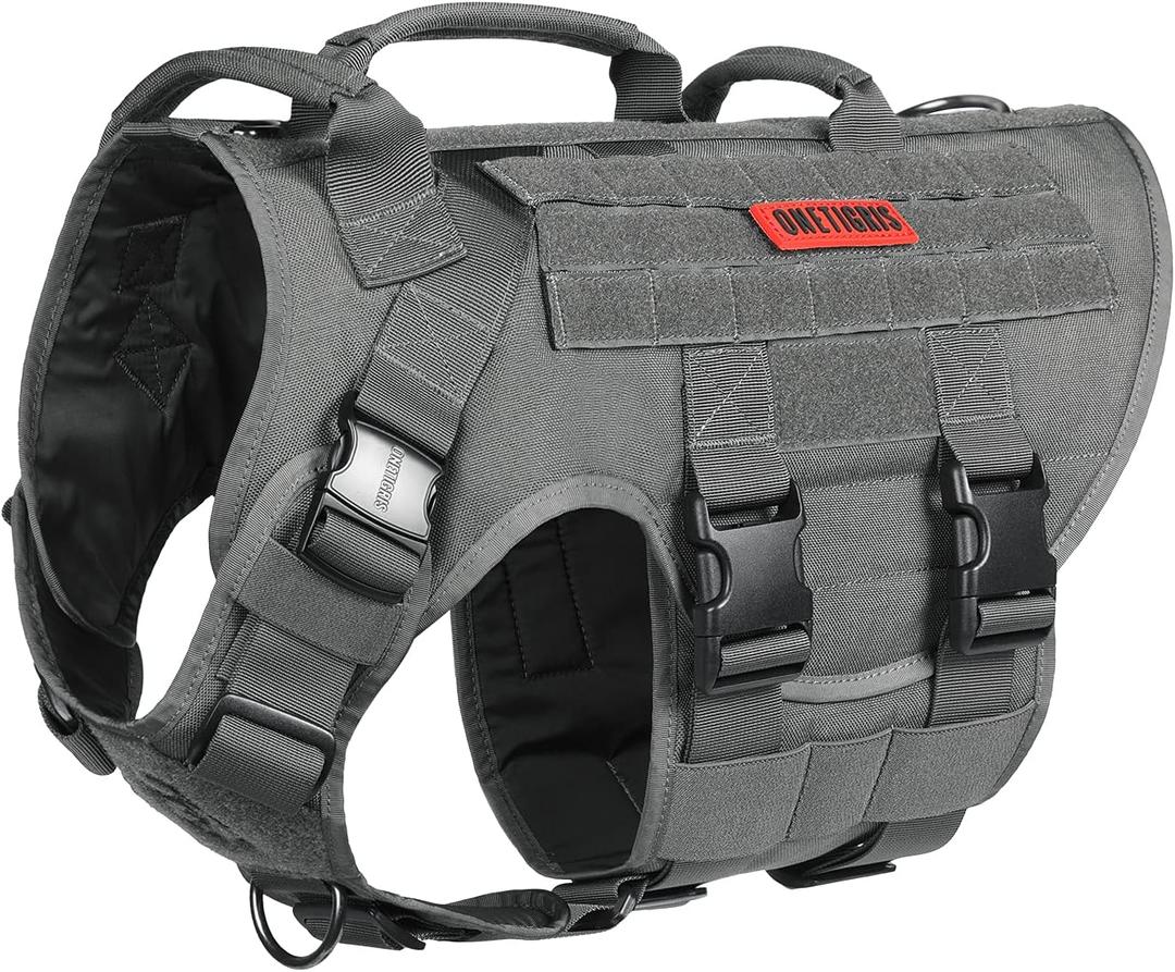 OneTigris Large Tactical Dog Harness, No Pulling Adjustable Dog Vest Harness, Heavy Duty X Destroyer Dog Harness with Handle, Large Hook and Loop Panels for Patch (Grey), L 