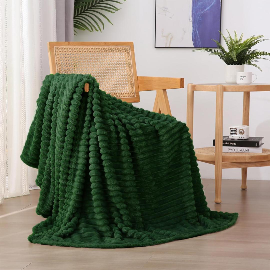 Green Fleece Throw Blanket 6080 for Couch Sofa Bed, Super Soft Cozy Plush Microfiber Flannel Blanket with Stripes Design Lightweight for Adults, Woman, Girls