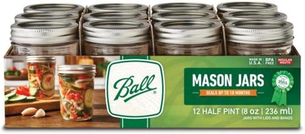 Ball Glass Mason Jar with Lids and Bands, Regular Mouth, Half Pint Size, 8 OZ (12 Pack) (Clear)