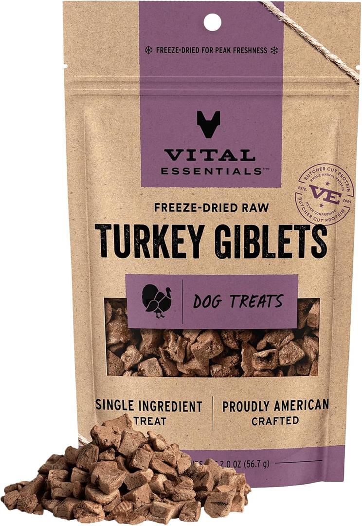 Vital Essentials Freeze Dried Dog Treats | Turkey Giblets, Single Ingredient | Premium Quality | Grain Free Training Treats for Dogs, 2 oz Bag (EXP 06/02/27)
