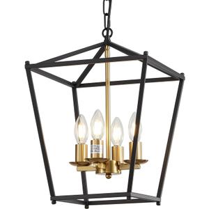 Modern Chandelier 4 Light Black and Gold Lantern Pendant Adjustable Geometric Metal Cage Pendant Lighting Fixtures for Kitchen Island, Above Sink, Dining Room, Bedroom, Foyer, Staircase