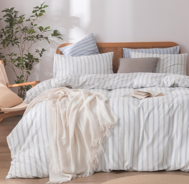 BESTOUCH Duvet Cover Set 100% Washed Cotton Linen Feel Super Soft Comfortable Chic Lightweight 3 PCs Home Bedding Set White & Cornflower Blue Stripes Queen 