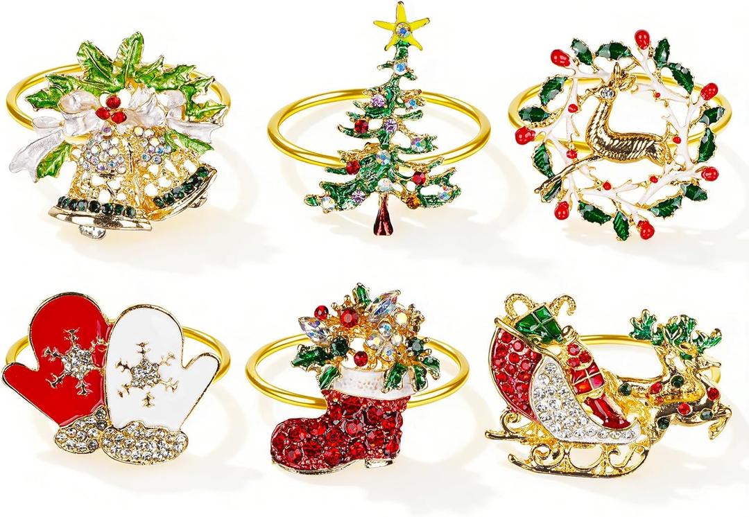 LBTING Christmas Napkin Rings Set of 6, Metal Napkin Ring Holders Tree Bells Snowflake Gloves Dinner Wedding Banquet Dinning Table Settings