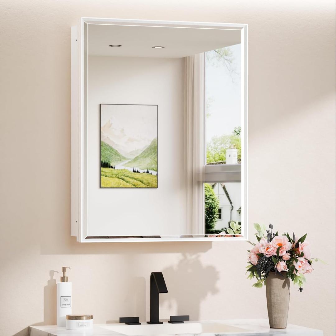 TokeShimi 24x30 Recessed Medicine Cabinet with Mirror Wall Mounted, Metal Beveled Mirror with Storage for Bathroom Vanity, Aluminum White Medicine Cabinet Mirrored