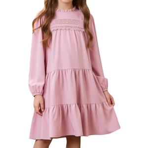 Sunny Spirit Girl's Long Sleeve Dress Tween Fall Formal Party Midi Tiered Flowy Swing Dresses 5-14 Year (Pink)