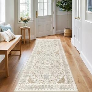 Madane Washable Runner Rug - 2x6 Rug Runners for Hallways 6 Foot Non Slip Vintage Kitchen Runner Rug Ultra-Thin Bathroom Runner Rugs Carpet Laundry Room Bedroom (2x6ft, Beige/Blue)