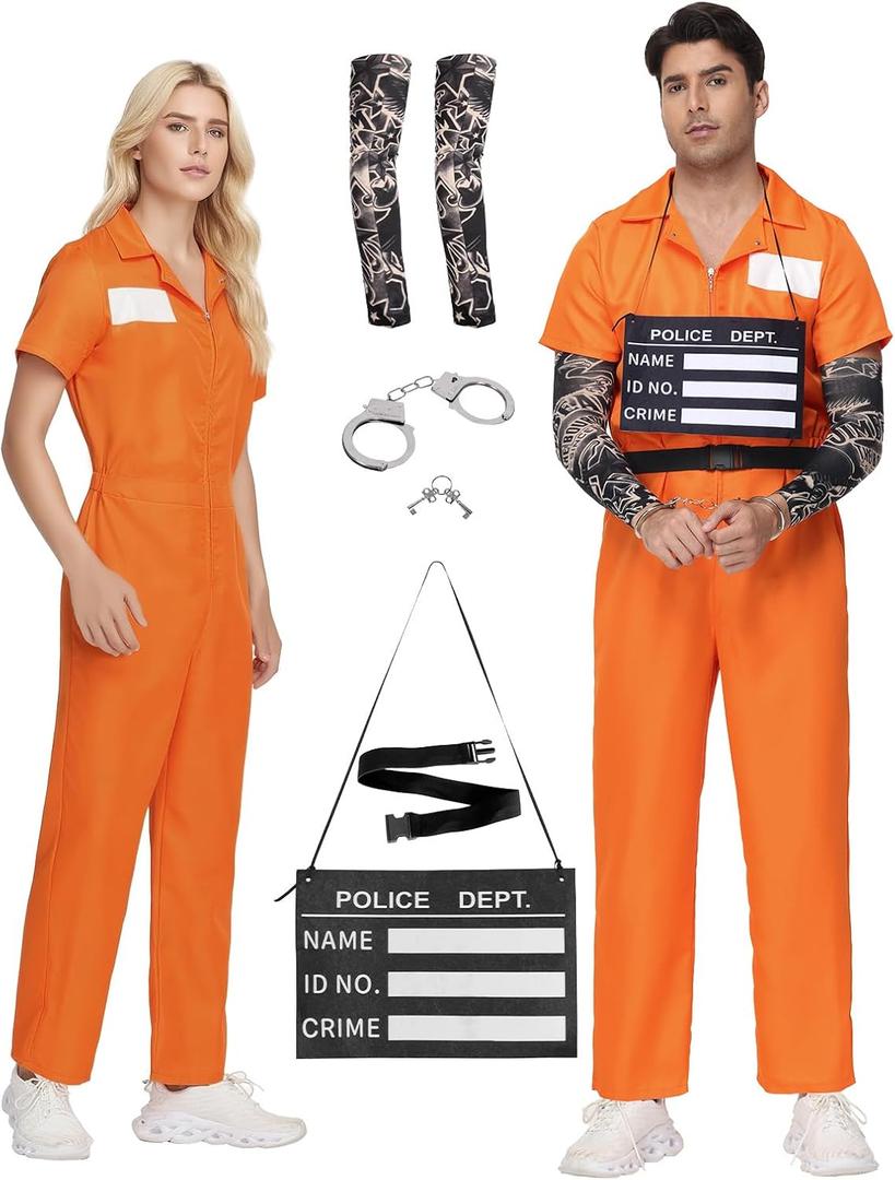 Prisoner Costume - Orange Jumpsuit for Men Woman- Halloween Prison Inmate Uniform, Unisex Jail Criminal Outfit, XL
