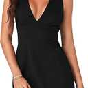 Rooscier Women's Sexy Deep V Neck Sleeveless Ruched Bodycon Party Club Cocktail Mini Dresses M