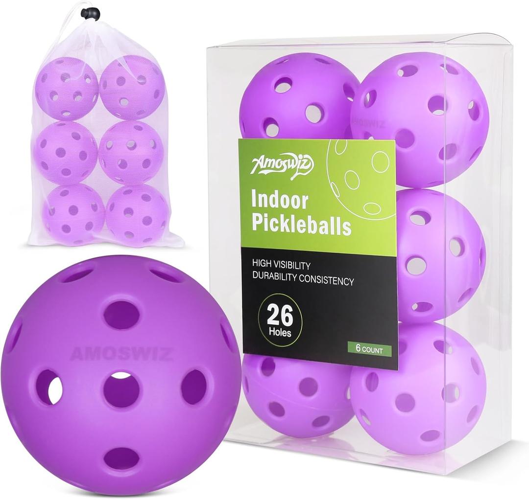 Amoswiz Indoor Pickleball Balls, 6 Pack of 26 Holes Pickleballs, USAPA Approved Indoor Pickleballs Set, High Visibility Durable Pickle Balls for Training and Tournament (6 Purple Indoor Balls with Mesh Bag)