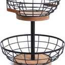 WILDMOS 2-tier Fruit Basket Bowl,Metal Basket with Wooden Base,Fruit and Vegetable Storage with Banana Hanger,Fruit Basket for Kitchen Counter Organizer.