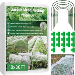 Garden Mesh Netting Kit, 10 * 30FT Ultra Fine Plant Netting Covers with 6 Pcs Garden Hoops & 18 Clips, Row Cover Net Protection for Tree Fruit Barrier Vegetable Fruits Flowers Shrubs Plant Covers Net