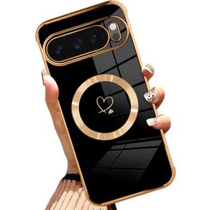 AIGOMARA Magnetic Case for Google Pixel 9 Pro XL [Wireless Charging Compatible] Heart Design Soft TPU Electroplated Phone Cover Anti-Scratch Shockproof Case for Women - Black