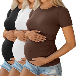 Ficerd 3 Pack Women's Maternity Shirts Cotton Short Sleeve Pregnancy Tops Side Ruched Ribbed Casual Mama tees Clothes (White, L)