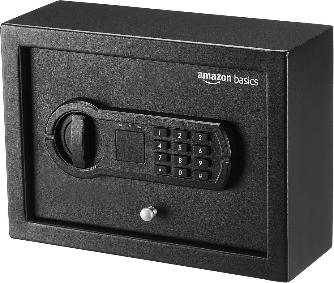 Amazon Basics Small Slim Desk Drawer Security Safe with Programmable Electronic Keypad, 0.1 Cubic Feet, Small Safe, Black, 11.8''W x 8.6''D x 4.4''H