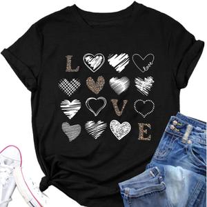 Valentine Day Shirt Women Leopard Love Heart Print T-Shirt Teachers Valentines Short Sleeve Tee Tops (Medium, Black)