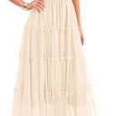 PRETTYGARDEN Women's Summer Midi Tulle Dress Sleeveless Smocked Square Neck Ruffle Flowy Party Wedding Guest Sundress (Beige, Small)