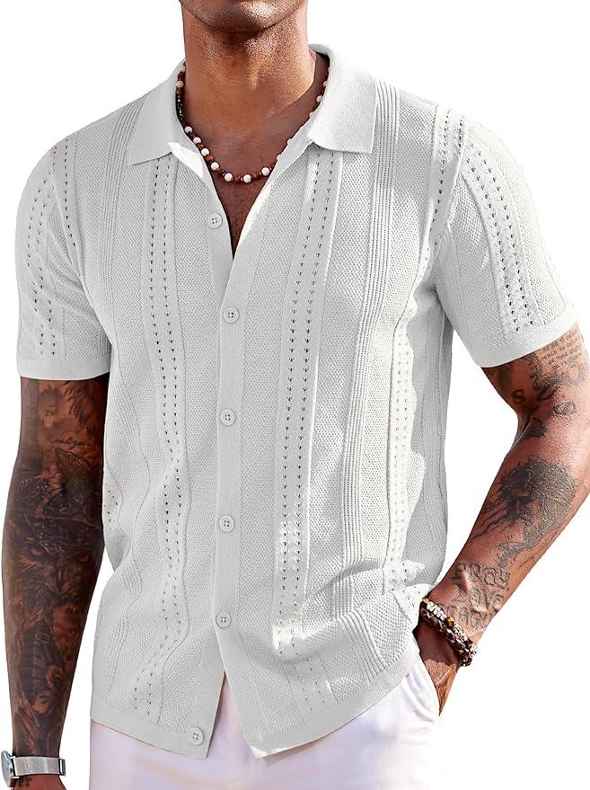 COOFANDY Knit Button Down Shirt for Men Short Sleeve Vintage Polo Shirt Casual Summer Beach Shirt White, 3XL