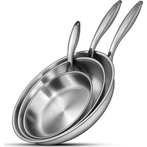 EWFEN Tri-Ply Stainless Steel Frying Pans Set, 8”/ 10”/ 12” Cooking pans, PFOA&PTFE Free Skillet, Induction Cooking Pan, Dishwasher and Oven Safe, Fast & Even Heat, Heavy Duty and Detachable Handle