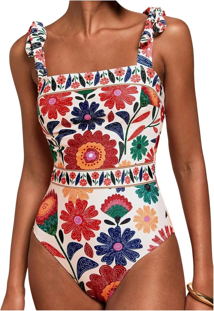 Floerns Women's One Piece Swimsuit Floral Bow Tie Shoulder Tummy Control Bathing Suit (Large, White Multi)