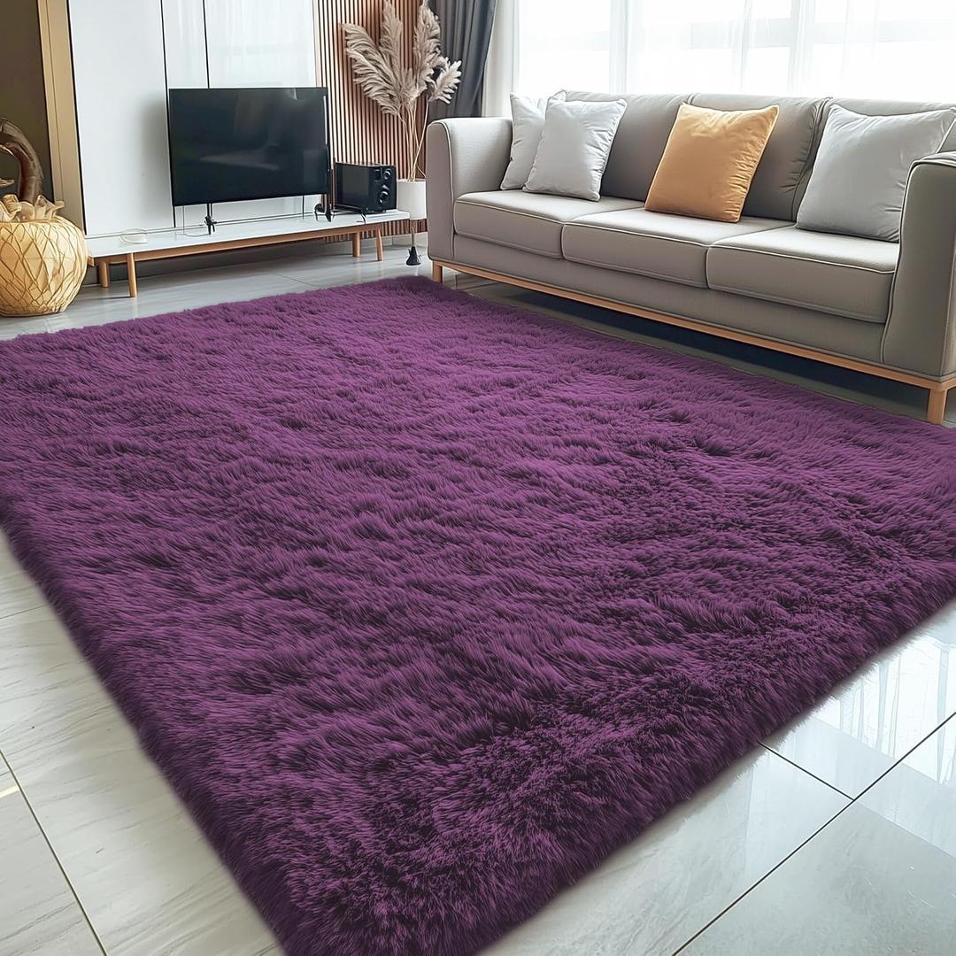 OLANLY 5x8 Machine Washable Large Area Rugs for Living Room, Bedroom, Soft Fluffy Shaggy Bedside Rug, Indoor Floor Carpet for Kids Girls and Boys, Dorms, Nursery, Home Decor Aesthetic, Dark Purple