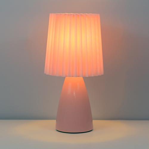 Cute Stylish Small Table Lamp, Pleated Fabric Lampshade, Ceramic Base, Adjustable Light Color and Brightness, Safe USB Powered, Exquisite Energy-saving LED Desk Light for Bedroom Living Room (Pink)