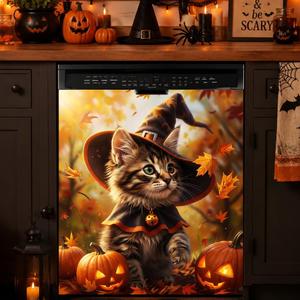 Removable Dishwasher Magnetic Cover, 25.59x23.03in, Waterproof Reusable Magnet for Kitchen Appliance Decor (Pumpkin Kitten, 25.59x23.03in)