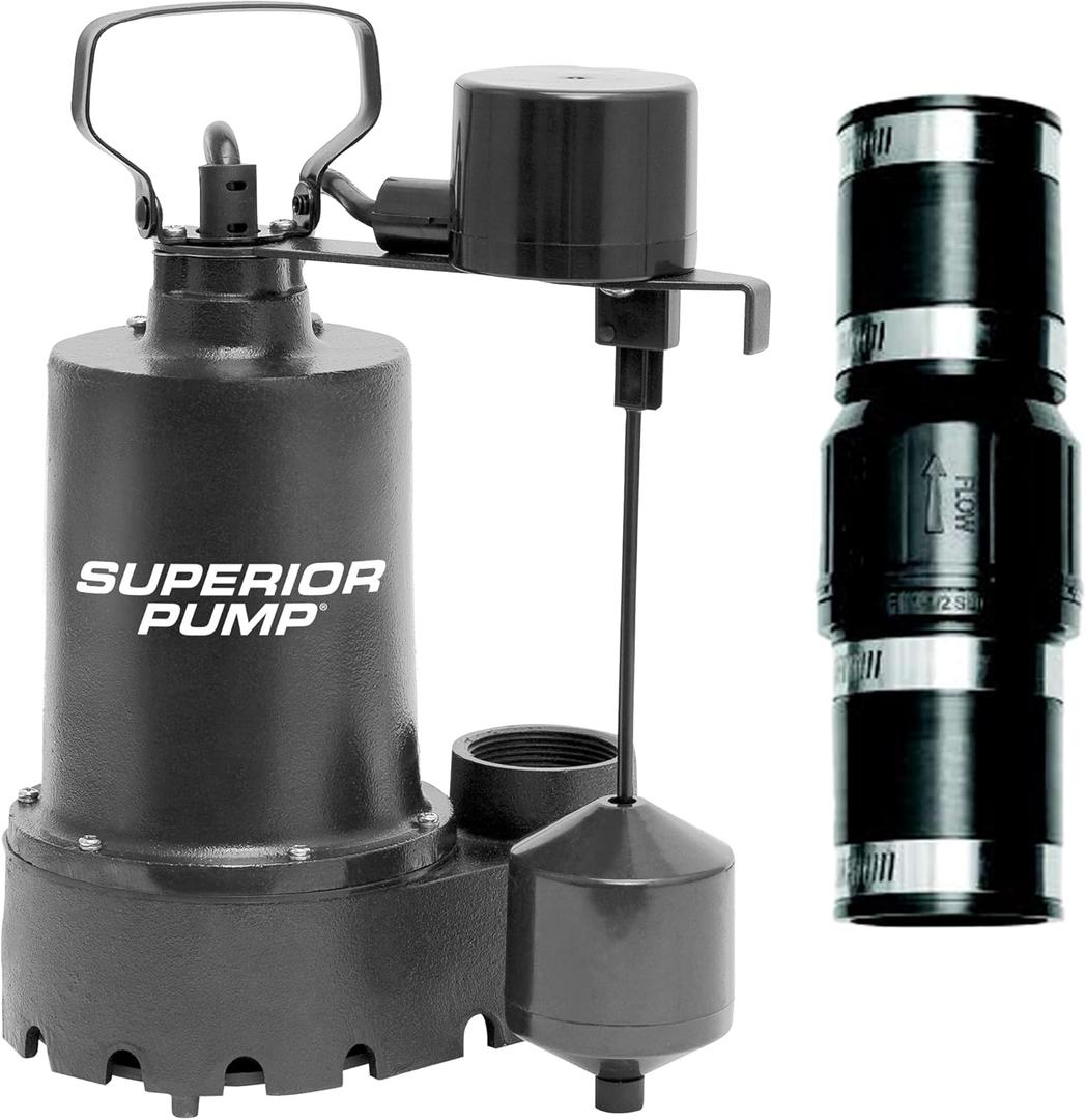 Superior Pump 92031 Cast Iron Submersible Sump Pump with Vertical Float Switch, plus 1-1/2-Inch Rubber Boot Check Valve, 1/3 HP, Kit