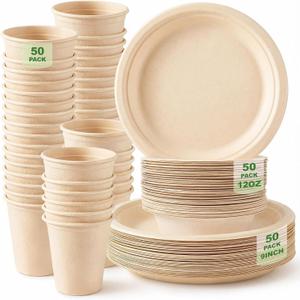Havawish 150 Pcs Compostable Paper Plates and Bowls Cups Sets 9 Inch Disposable Plates 12 oz Biodegradable Paper Bowls and Cups for Dinner 50 Person Bulk Party Supplies