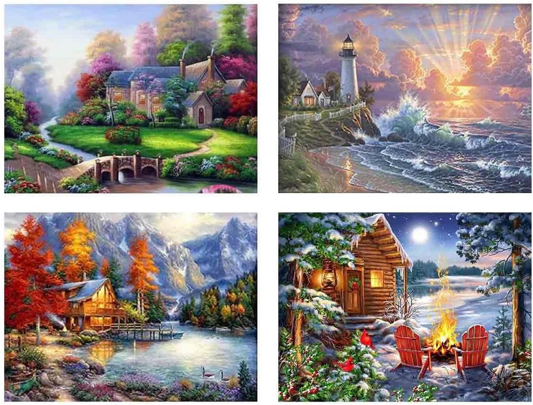 4 Pack Stamped Cross Stitch Kits - Four Seasonal Landscape Counted Cross Stitch Kits for Beginners Adults,11 CT Patterns Dimensions Embroidery Kits Arts Craft Kits 16 x 12inch