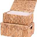 LUSYDECO Scalloped Edge Wicker Basket with Lids, Rectangle Wicker Storage Basket with Built-in Handles, Multipurpose Organizer Rattan Display Boxes for Shelf, Nursery Room, Set of 2