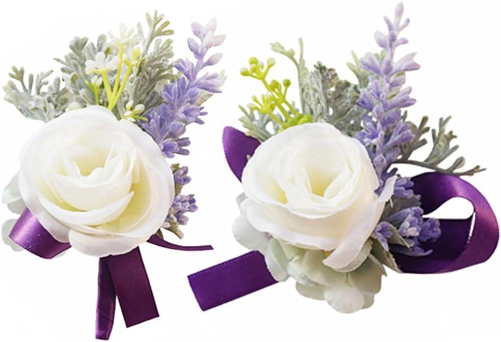 MAFELOE 2 Pieces of Wrist Corsage and Boutonniere Set, Artificial Flowers Accessories Suit Decor for Wedding Prom Party Homecoming Ceremony Anniversary - Purple+White