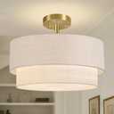 16.5'' Semi Flush Mount Ceiling Light, 3-Light Gold Ceiling Light Fixtures, Farmhouse Close to Ceiling Light with Linen Shade, Modern Drum Ceiling Light for Living Room/Hallway/Bedroom/Dining Room