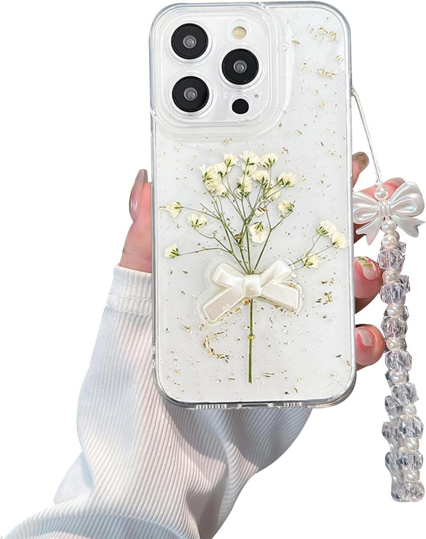 for iPhone 15 Pro Max - White Flower Bow Case - Real Flower Gold Foil Transparent Case - Soft TPU Case for Women and Girls 6.7