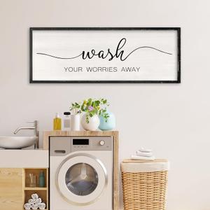 RLWangChao Farmhouse Laundry Room Wall Decor Wash Your Worries Away Sign 3212 Inch Bathroom Inspirational Quote for Shower Room above the Bathtub Wooden Framed Minimalist Wall Hanging Art (Black)