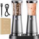 Electric Salt and Pepper Grinder Set with 4.5oz Large Capacity, Stainless Steel Rechargeable Salt and Pepper Grinder with 1.8" Wide Mouth, Storage Base,Adjustable Coarseness, and One-Hand Operation, Silver