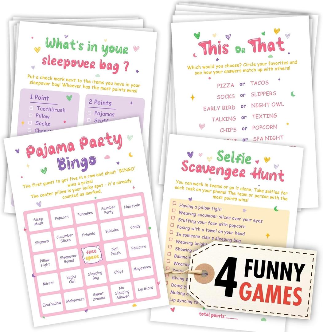 Slumber Party Games For Girls 8-12 - Sleepover Games For Girls 10-12, Sleepover Party Game Ideas, Slumber Party Bingo Cards For Pajama Party Decorations, Sleepover Party Supplies for Girls