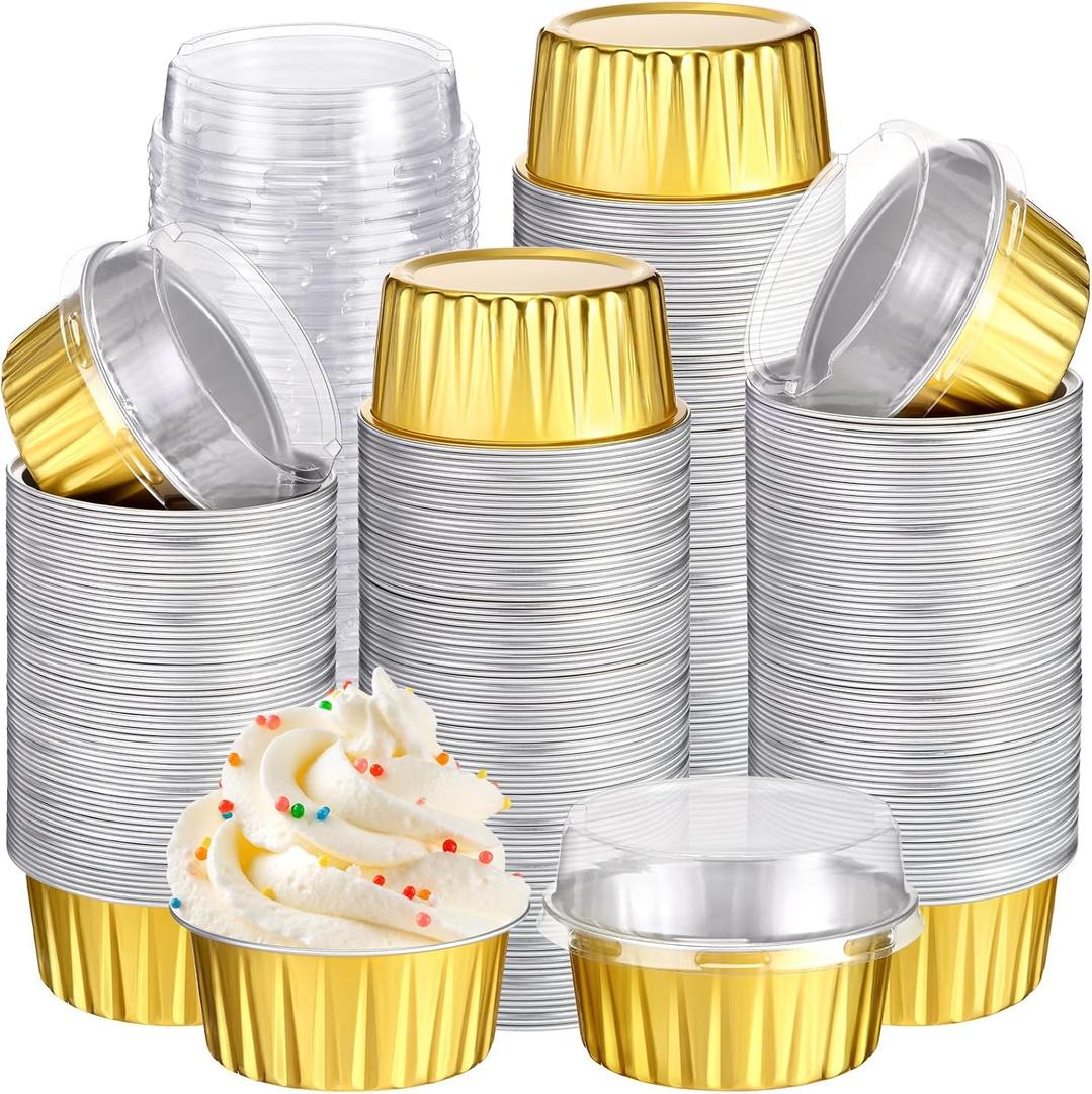 Gejoy 400 Pcs Aluminum Foil Baking Cups with Lids 5 oz Disposable Ramekins Mini Cake Pans Creme Brulee Cupcake Liners Muffin Tins Flan Mold Dessert Container for Wedding (Gold, Classic)
