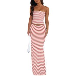 2 Piece Skirt Sets for Women Summer, Floral Sleeveless Tube Top Bodycon Maxi Skirts Y2k Vacation Going Out Outfits (Medium, Red Striped)
