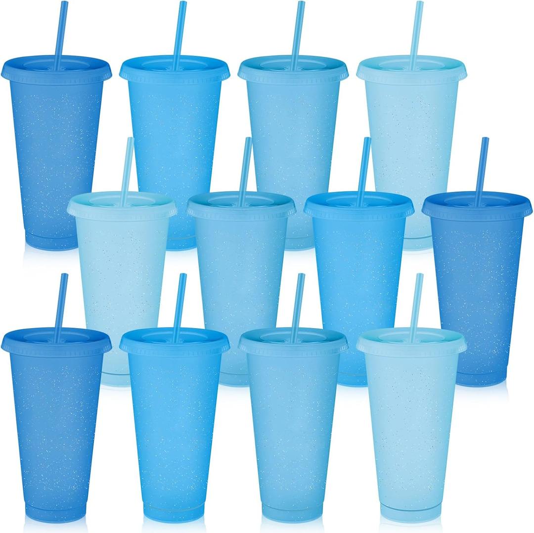 Skylety 12 Pcs Blue Glitter Plastic Cups with Lids and Straws 24 oz Winter Reusable Tumbler Large Travel Mug Cup Coffee Beverage Drinks Party Supplies for Wedding Bridal Baby Shower Birthday