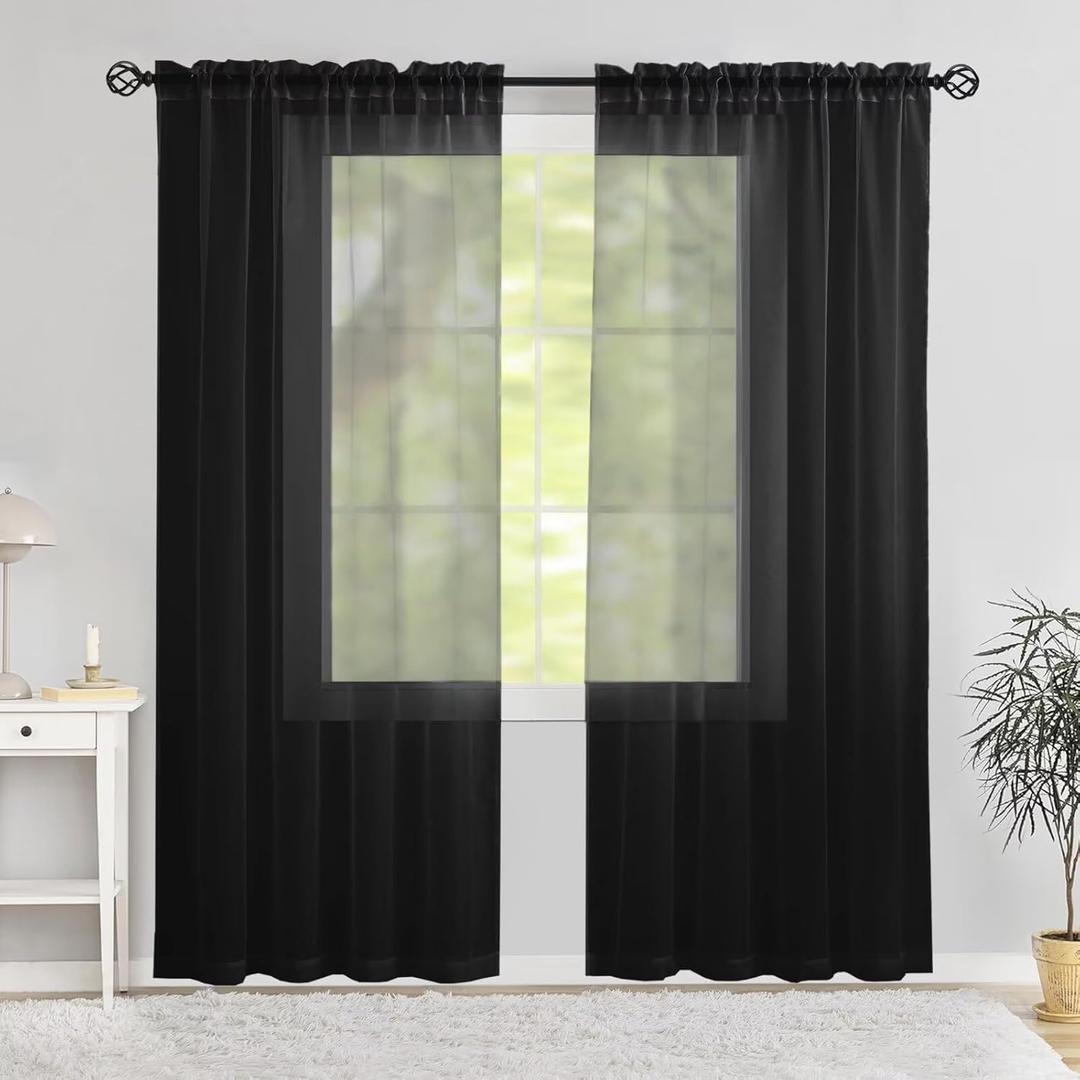 Semi Voile Sheer Curtains 84 Inches Long 2 Panels Rod Pocket Window Treatment for Living Room Bedroom Dining Room (Black 52" W x 84" L)