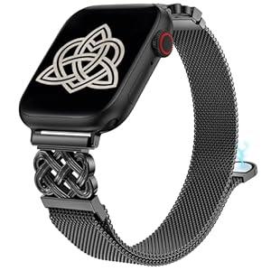 Stainless Steel Magnetic Loop Compatible with Apple Watch Band 41/40/38/49/46/45/44/42mm Women Metal Mesh Celtic Knot Dressy Strap for iWatch SE Series 10/9/8/7/6/5/4/3/2/1/Ultra(1/2) (Blac)