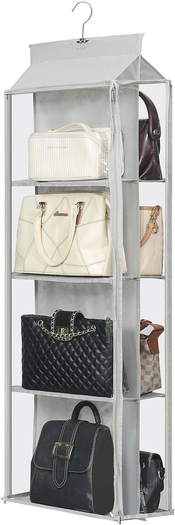 8 Grids in 1 Rotatable Hanging Purse Handbag Organizer with Double Zippers, Visible Purse Organizer for Closet, Fully Enclosed Handbag Storage Holder (Gray)