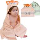 Viviland 2 Pack Hooded Baby Towels, Soft 100% Cotton Baby Bath Towels with Hood, Extra Thick and Absorbent, Essential for Newborns, Kids, Infants - Girls and Boys (Dinosaur & Fox)
