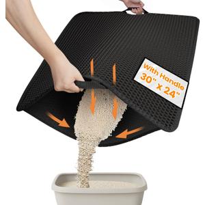 Cat Litter Mat-30"X24" Large Litter BoxTrapping Mat for Kitty EVA Honeycomb Double Layer Design, Urine & Waterproof with Handle Design Easier to Clean, Washable, Black