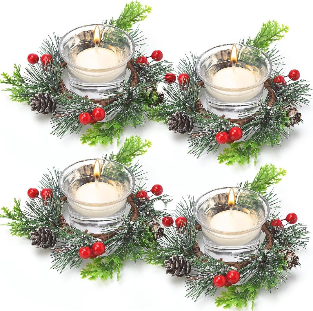 Dingion 4 Pcs Christmas Candle Ring Wreath Christmas Table Decoration