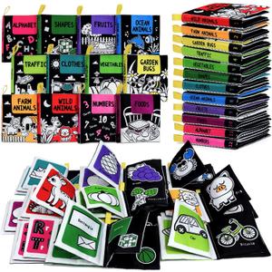 OKOOKO 12PCS Soft Baby Books Black and White High Contrast Soft Cloth Bath Books Crinkle Washable Non-Toxic Early Education Preschool Learning Toy for Newborns Babies Infants Toddlers Kids