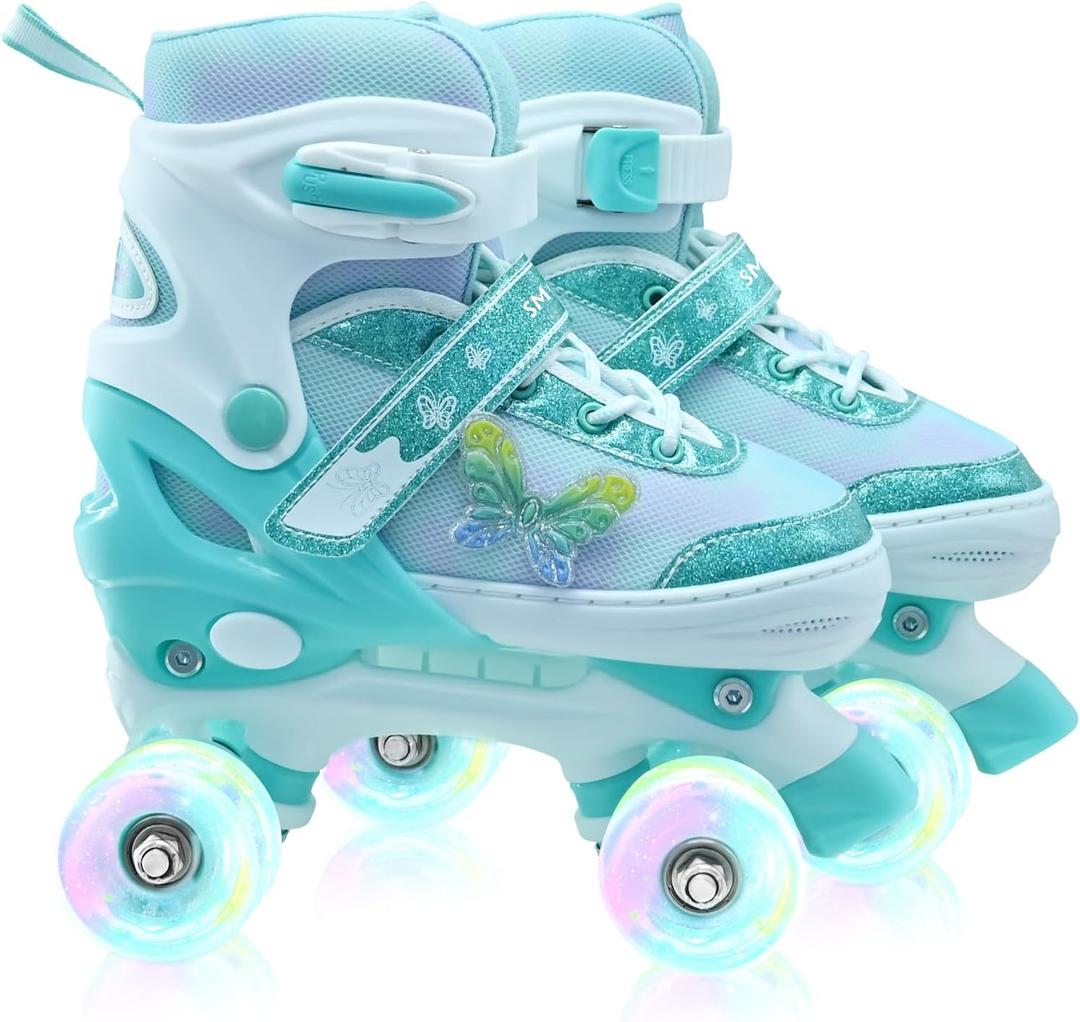 Kids Roller Skates for Girls-Outdoor 4 Size Adjustable Butterfly Quad Rollerskates for Indoor Ages 3-12 Years Beginners Children's Birthday Gift with Light Up Wheels patines para nias Indoor