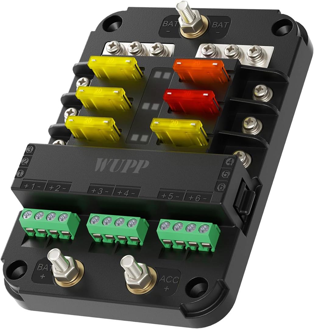 WUPP 12V Fuse Block with Relay, Automotive 6 Circuits Fuse and Relay Box With ACC Interface, Universal Fuse Block and Relay Kit for Cars Trucks Marine Boat (6 Way Fuse Block with Relay Box)