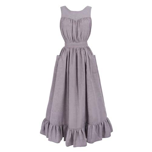 CR ROLECOS Vintage Ruffle Apron for Women Colonial Pioneer Prairie Peasant Apron Pinafore Kitchen Apron with Pockets Purple, Size Medium